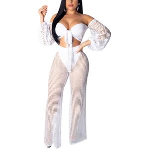Sexy Cover Ups for Swimwear Vacation Off The Shoulder Top Long Pants Bikini Cover Ups Swimwear Beach (Large, White)