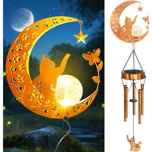 Solar Moon Cat Wind Chimes, Cat Lover Gifts for Mom Women Men Birthday Mothers Day, Hanging Outdoor Decor Cracked Glass Ball Memorial Large Wind Chimes, Decorations for Garden Yard Patio Porch
