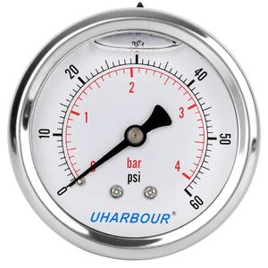 Glycerin Filled Low Pressure Gauge 60psi/4bar, Stainless Steel case, Brass Inside Construction, 2-1/2" dial, 1/4" NPT Back Connection