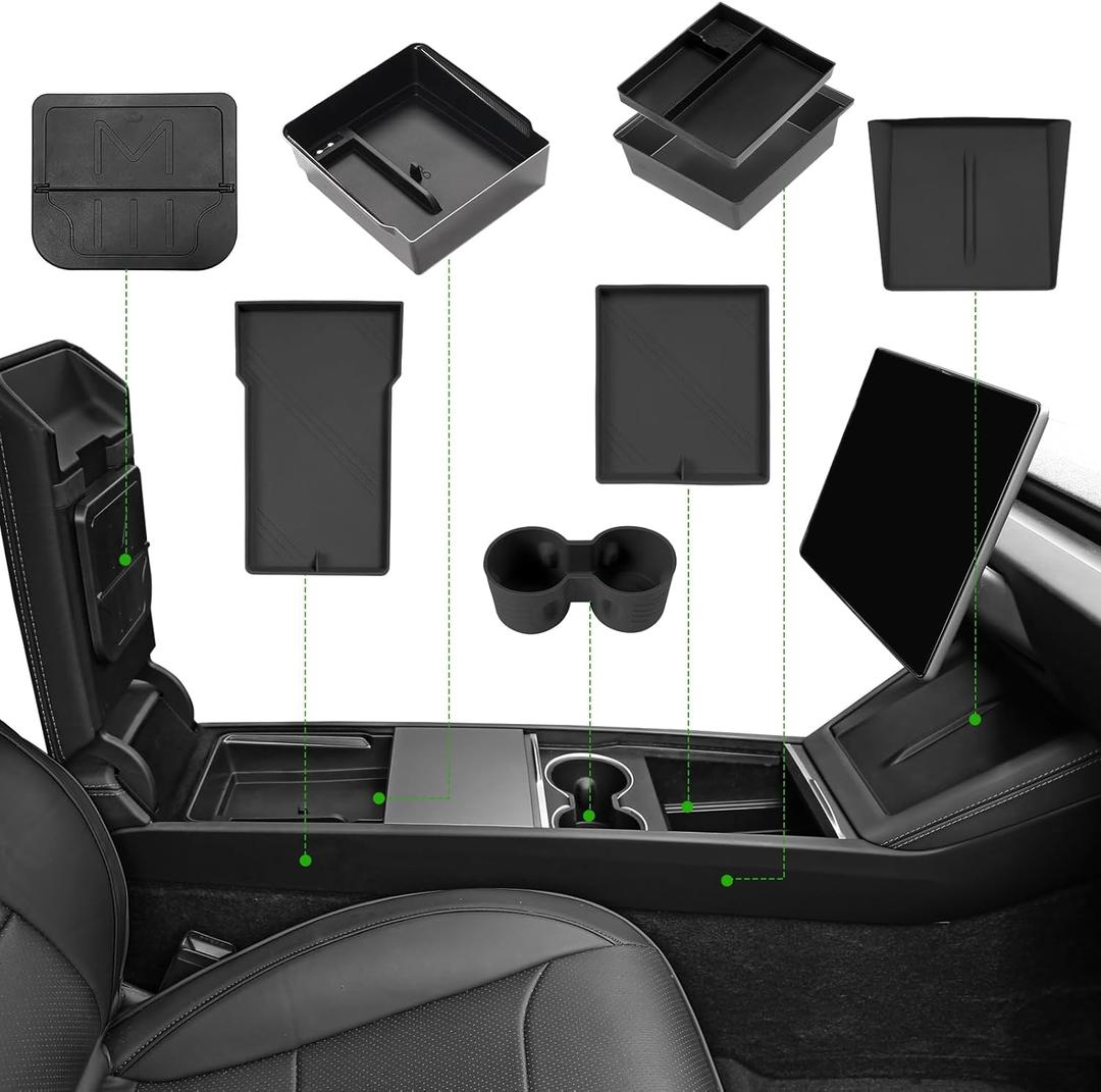 9PCS Center Console Organizer Tray for 2024 2025 2026 Tesla Model 3 Accessories, Armrest Hidden Storage Box Cup Holder Charger Pad for Tesla Model 3 Highland
