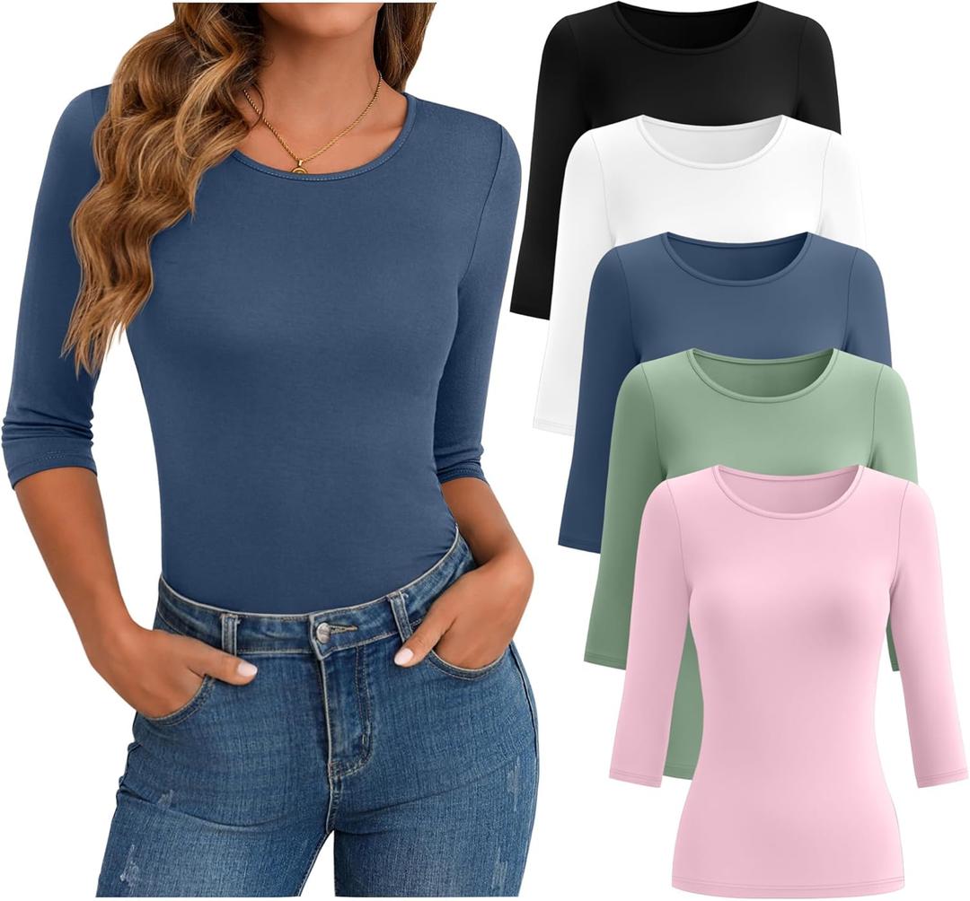 Huukeay 5 Pack Women's Elbow Sleeve Tops 3/4 Sleeve Cotton Round Neck T-Shirt Slim Fit Casual Stretchy Tunic Basic Tees Bulk (Medium, Pink, Green, Haze Blue, White, Black)