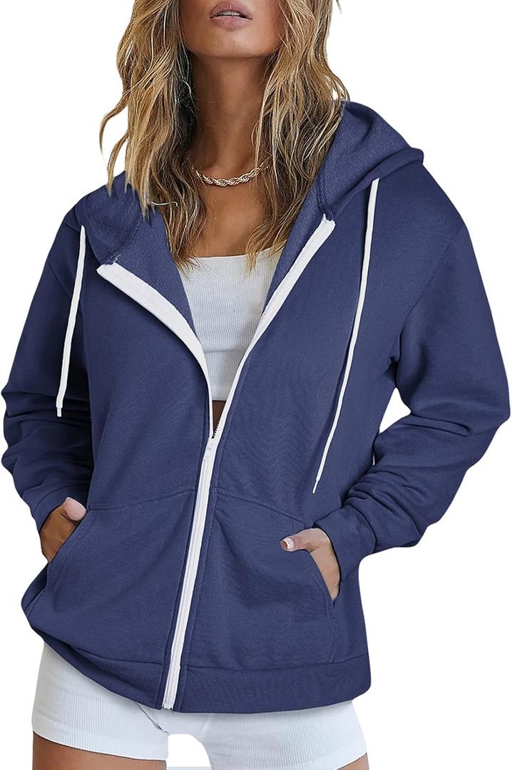 Dokotoo Women's Zip Up Hoodie Long Sleeve Plus Size Ladies Hooded Blue Sweatshirts Pockets Jacket Coat for Women 2025 Fashion Casual 3XLarge