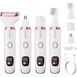 Electric Razors for Women, Bikini Trimmer 4 in 1 Lady Shaver, Wet/Dry Cordless Hair Remover for Nose Hair Face Eyebrow Arms Legs Armpit Underarm Pubic Area Electric Grooming Set LED Display
