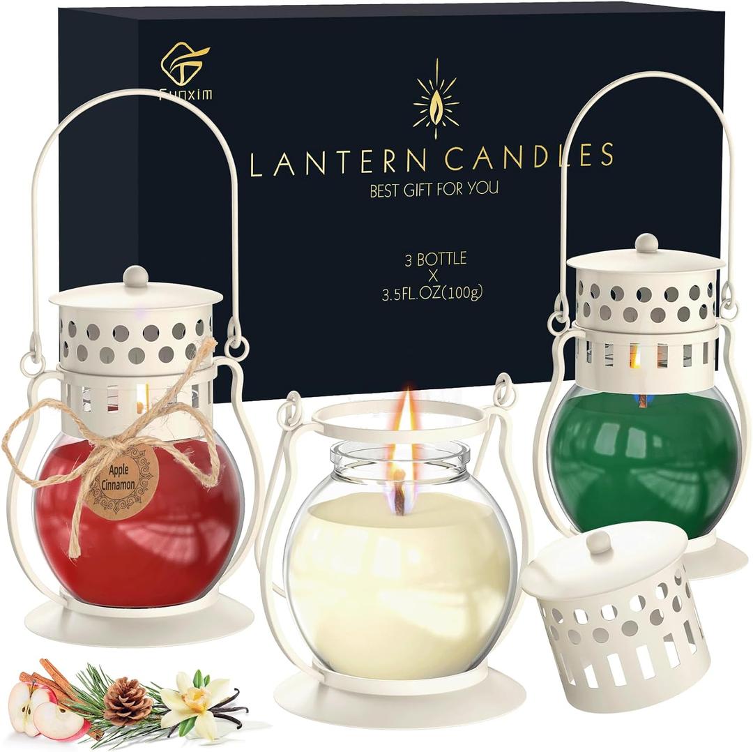 7 x Scented Candles for Home, 3 Pack Retro Lantern Aromatherapy Candles for Balsam Cedar/Apple Cinnamon/Creamy Vanilla, Fall Candle Set, Soy Jar Candle Gifts for Women Men