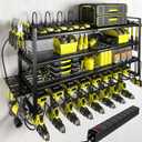 KAFAHOM Power Tool Organizer with Charging Station.Garage 8 Drill Holder Built in 8 Outlets Power Strip,Tool Storage Shelf Wall Mount,Tool Battery Organizer with Screwdriver/Hammer/Air Tool Rack (Black-32 inches-4L)