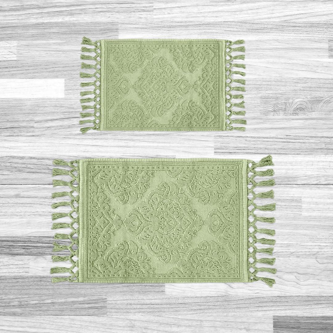 Jean Pierre  Ricardo Bath Mats, Set of 2 Woven Fringe Bathroom Rugs, 100% Cotton, Premium Bathroom Decor - Measures 17" x 31" and 21 x 41- Sage Green