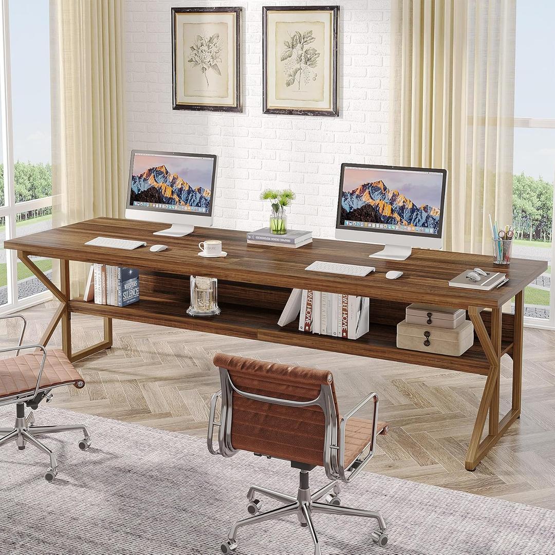 Tribesigns 79-Inch Extra Long Desk, Two Person Desk with Storage Shelf, Large Writing Table for Home Office, Rustic Brown
