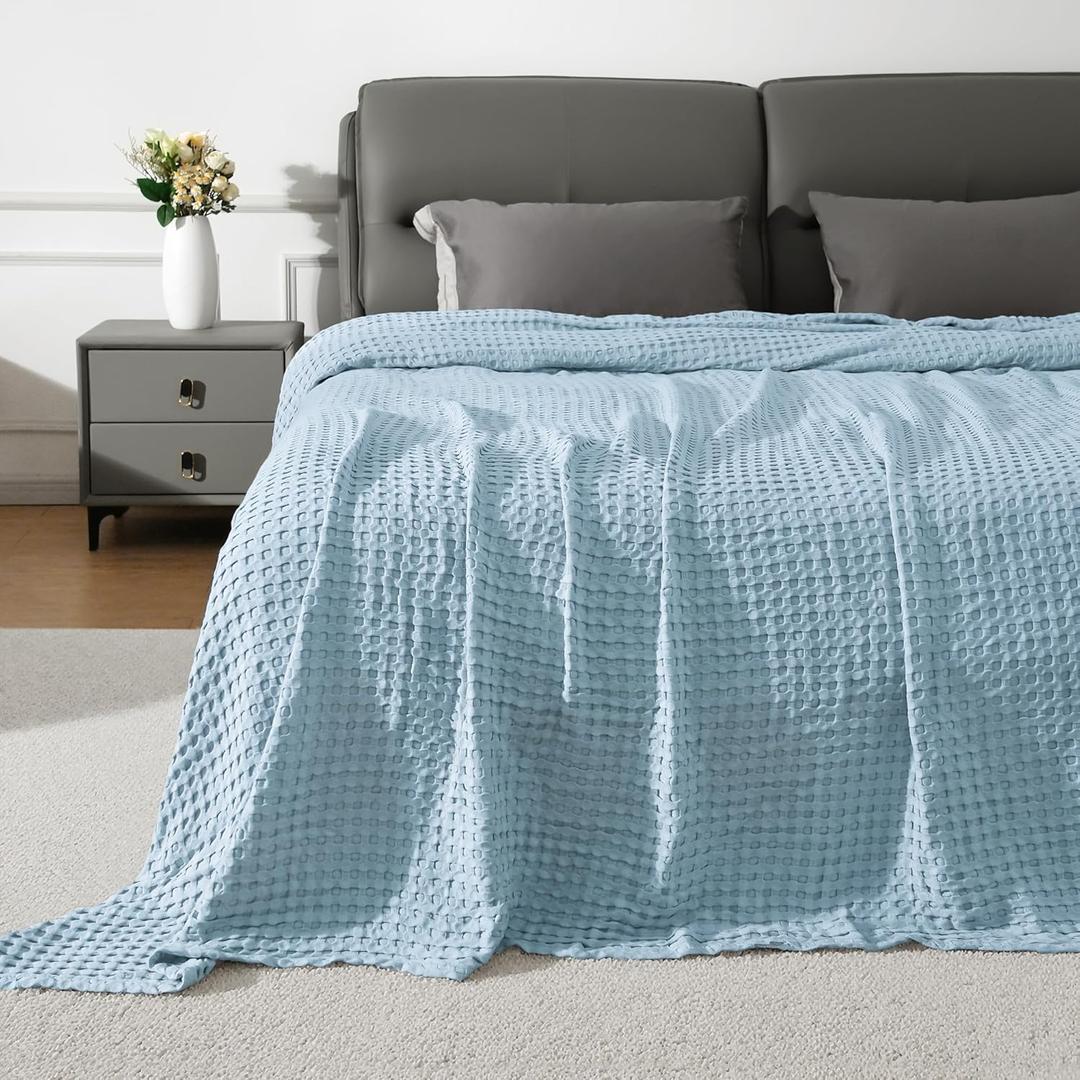 Aganear Cooling Waffle Blanket Queen Size for Hot Sleepers,Lightweight Cotton Summer Blanket of Rayon Derived from Bamboo.Breathable,Soft,Luxury for Bed,Couch and Sofa.Blue,90x90 Inches