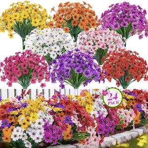 Der Rose 24 Bundles Artificial Flowers for Outdoor UV Resistant Faux Plants Spring Flowers for Outdoor Planters Wedding Home Garden Patio Porch Decor (8 Colors)