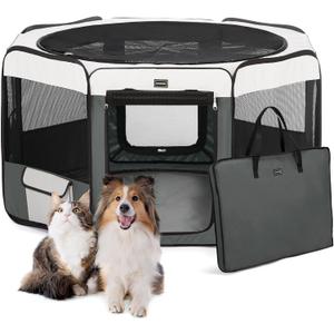 DONORO Dog Playpen Portable Pet Play Pens for Small Dog/Cat/Rabbit/Chicks, Cat Playpen Indoor/Outdoor with Carring Case, Removable Zipper Top and Bottom (Gray, Large (46"x46"x23"), 8)