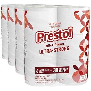Amazon Brand - Presto! 2-Ply Ultra-Strong Toilet Paper, 24 Mega Rolls Toilet Paper = 120 regular rolls, 308 Sheet (Pack of 24), Unscented