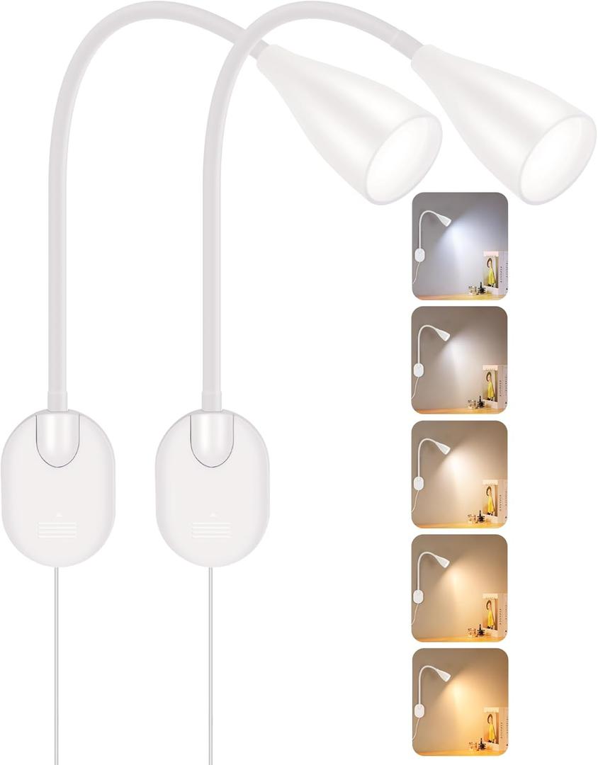 2 Pack LED Wall Mounted Bedside Reading Light, 3 Color Modes,10 Brightness Dimmable, USB Charging Port, Memory Timer Adhesive Wall Light Night Lamp for Books in Bed, Eye-Caring Bedroom Lighting White