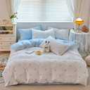 Bolinliving Cute Duvet Cover Full Size, Reversible Light Blue & White Heart Print 3 Pieces Comforter Cover, Microfiber Bedding Set for All Season with Zipper Closure and Corner Ties