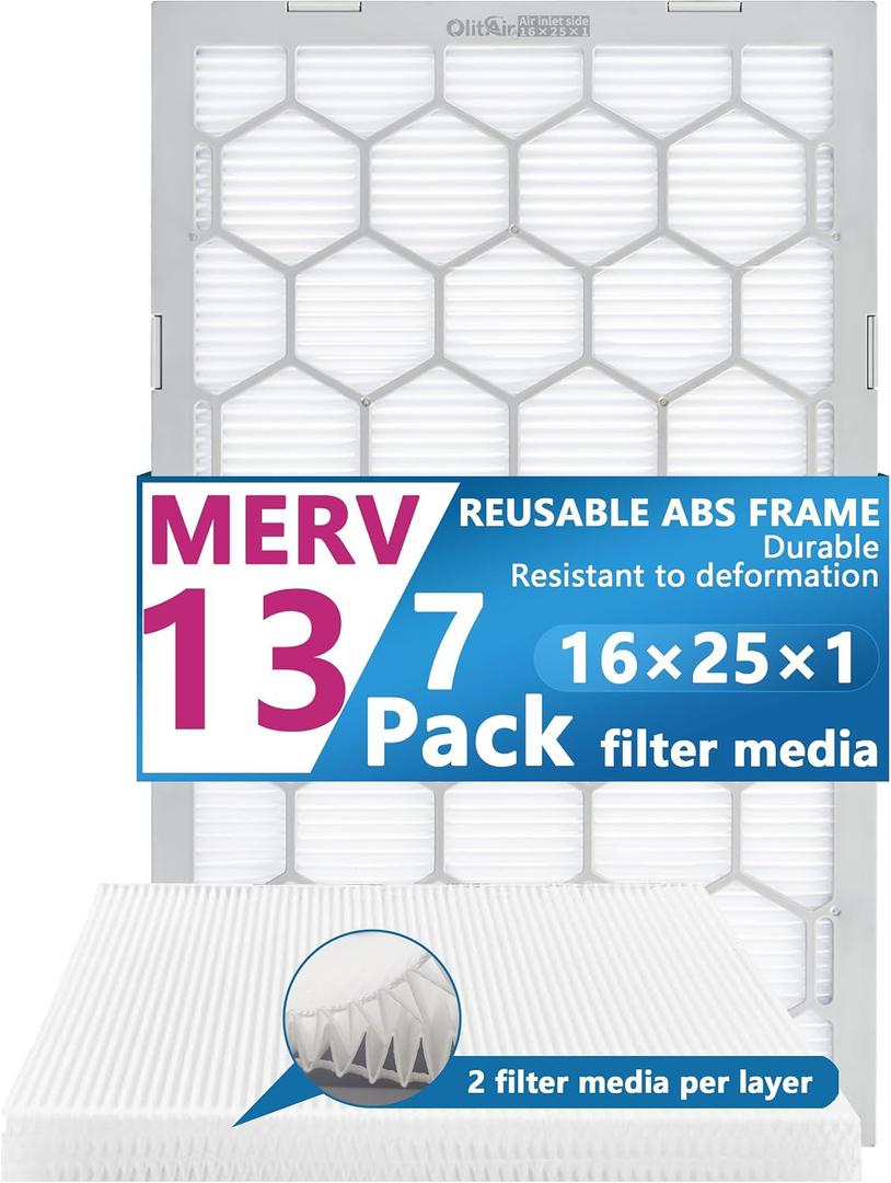 16x25x1 MERV 13 Air Filter,AC Furnace Air Filter,Reusable ABS Plastic Frame, 7 Pack Replaceable Filter Media (Actual Size: 15 3/4" x 24 3/4" x 3/4")