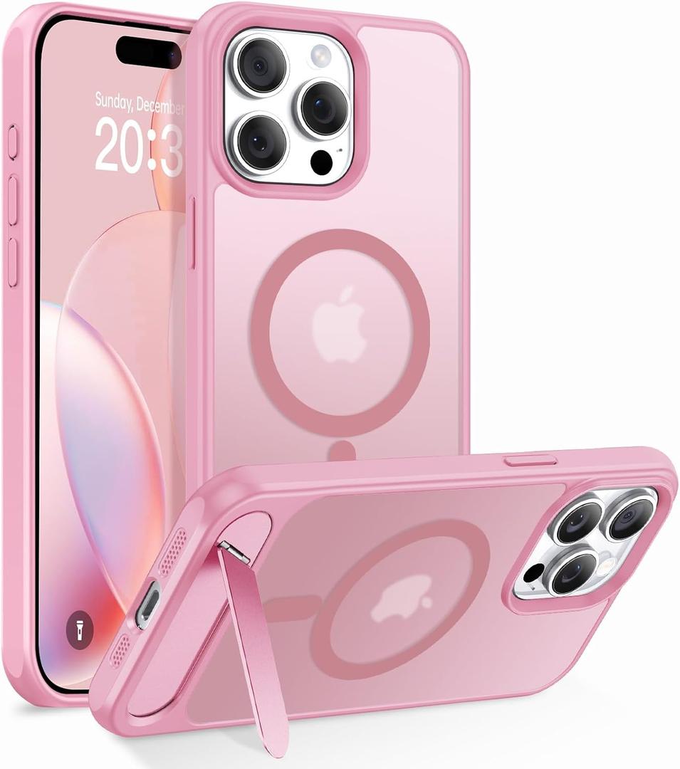 Magnetic Case for iPhone 15 Pro Max 6.7" [Built-in Invisible Kickstand] Compatible with MagSafe, Slim Translucent Matte Shockproof Protective Bumper Women Girls Cover for iPhone 15 Pro Max - Pink
