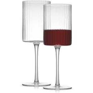 JoyJolt Elle Fluted Wine Glasses, 17.5oz Red Wine Glass Set of 2, Unique Stemmed Glass, Big Long Stem Cocktail Vintage Style Drinking Glasses
