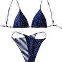 WDIRARA Women's Polka Dots Striped Bikini Set Triangle Swimsuit Two Piece Bathing Suit Blue White Small