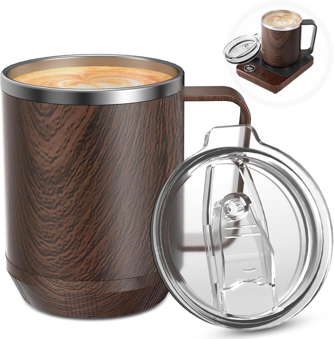16oz Heated Coffee Mug With Flat Bottom for Rapid Heating, Stainless Steel Cup for Different Warmer/Heaters, Suitable for Home and Office Desk, Wood, No Warmer