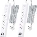 2 Pack Extension Cord 10ft Power Strip - Surge Protector with 6 Outlets 4 USB Charging Ports, Flat Plug, Overload Protection, Wall Mount for Home Office, Dorm Room Essentials (White)