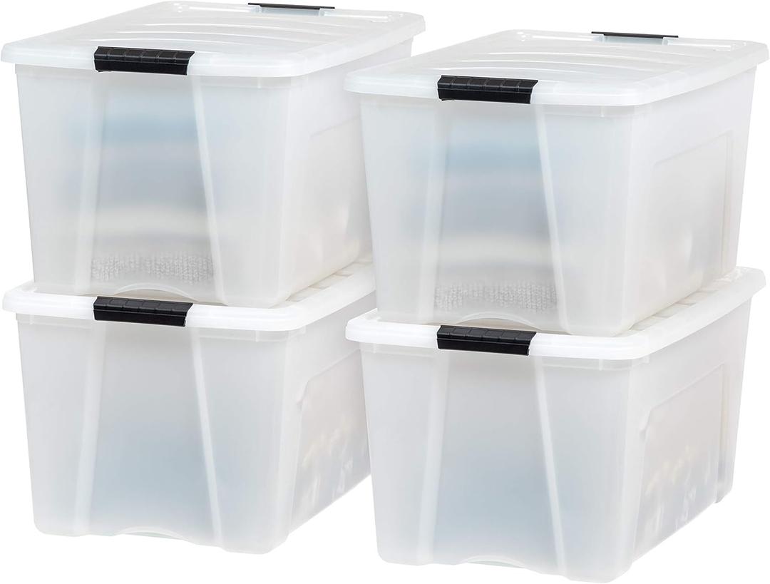 IRIS USA 72 Qt Stackable Plastic Storage Bins with Lids, Pack of 4 - BPA-Free, Made in USA - Discreet Organizing Solution, Latches, Durable Nestable Containers, Secure Pull Handle - Pearl
