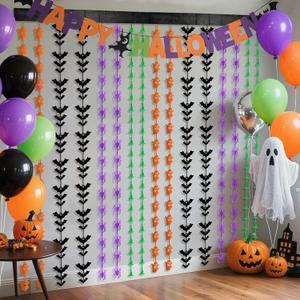 2 x ADLKGG Halloween Party Decorations, 2Pcs Orange Purple Black Green Bat Spider Ghost Witch Hat Pattern Foil Fringe Curtains, Halloween Party Streamers Photo Booth Props for Birthday Anniversary