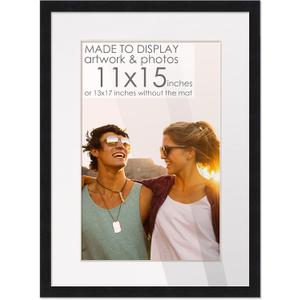 11x15 Black Wood Picture Frame with White Mat | 13x17 Frame Matted to 11x15 | Display Your Picture Under UV Acrylic Shatter Guard Front, with Foam Board Backing and Wall Hanging Hardware - Wood Frame