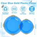 102PCS Blue Plastic Plates - Royal Gold Disposable Plates - Clear Blue Party Plate - Heavyweight Disposable Plate with Gold Rim - Fancy Dinner & Dessert Plates for 51 Guests Party Wedding