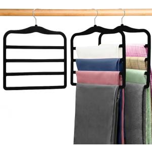 2-Pack Velvet Pants Hangers - Space Saving Multi-Layer Non-Slip Closet Organizers for Jeans, Trousers & Scarves - Ideal Dorm Room Storage Solution for Small Spaces (Large, Pure Black)