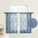 HOMEIDEAS Stone Blue Sheer Kitchen Curtains 30 X 36 Inch Length 2 Panels Embroidered Leaf Pattern Short Bathroom Window Curtains for Small Window Valance Tiers