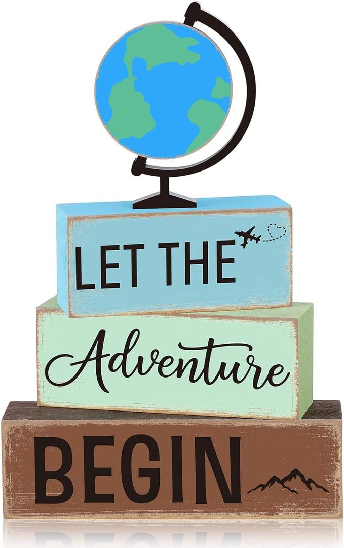 GlikCeil 4 Pcs Adventure Awaits Tiered Tray Decor Earth Day Adventure Wood Table Decoration Travel Party Centerpieces for World Bon Voyage Travel Around The World Party Home Office Desk Shelf Decors