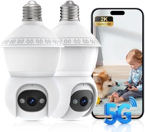 Recmoment Light Bulb Security Camera,5G&2.4GHz WiFi 2K Security Cameras Wireless Outdoor/Indoor,AI Human Detection,Auto-Alarm,Color Night Vision,2-Way Talk,Bulb Cameras for Home Security 2PCS