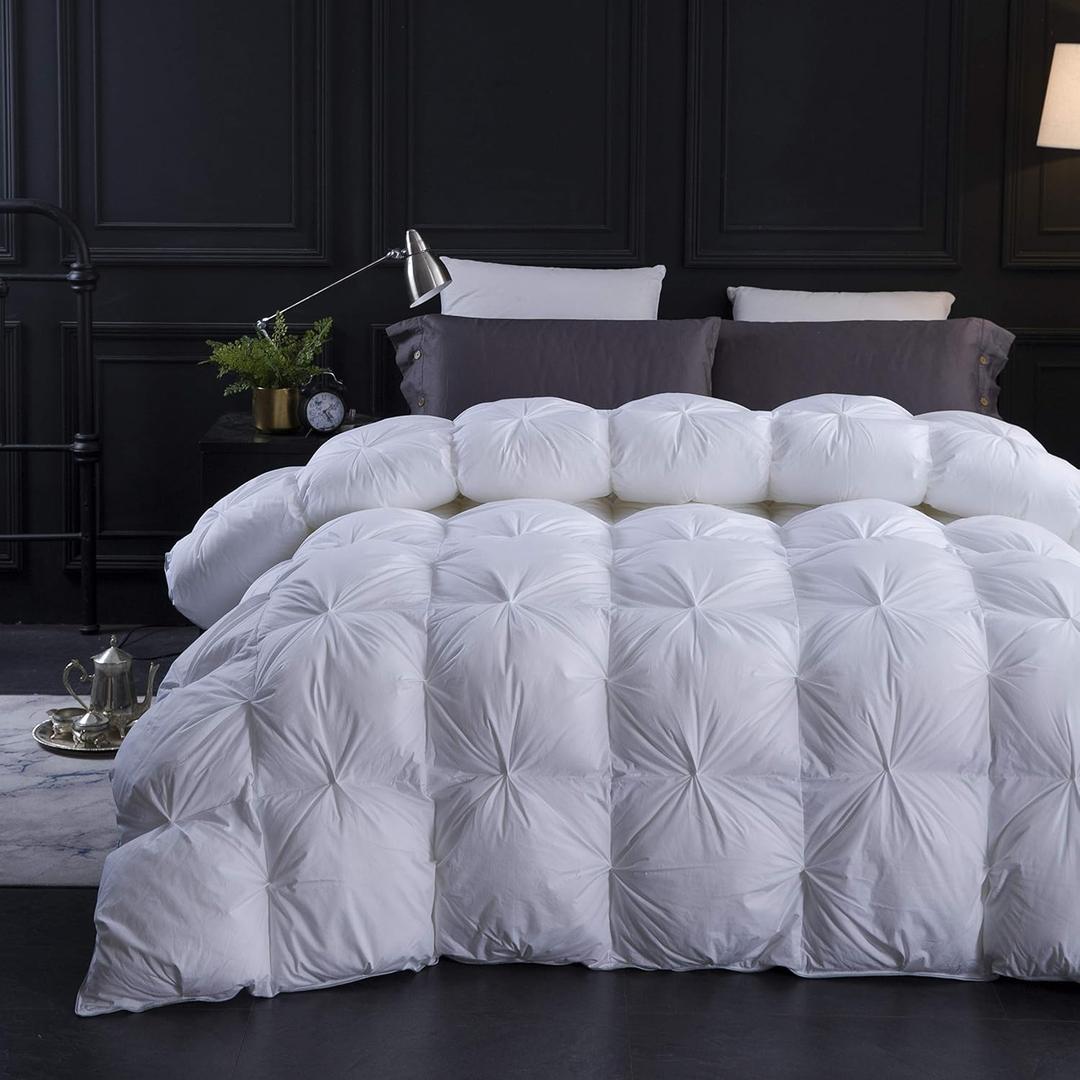 Three Geese Pinch Pleat Waterfowl Feathers and Down Comforter Queen Size Duvet Insert,750+ Fill Power,1200TC 100% Cotton, Premium All Seasons White Warm Hotel Comforter with 8 Tabs.