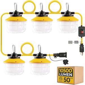 Outdoor Construction LED String Lights with Switch: 3 Prong 50FT 75w 10500lm ETL Certified Super Bright Temporary Lighting Hanging IP65 Waterproof Work Light for Attic Jobsite Garage
