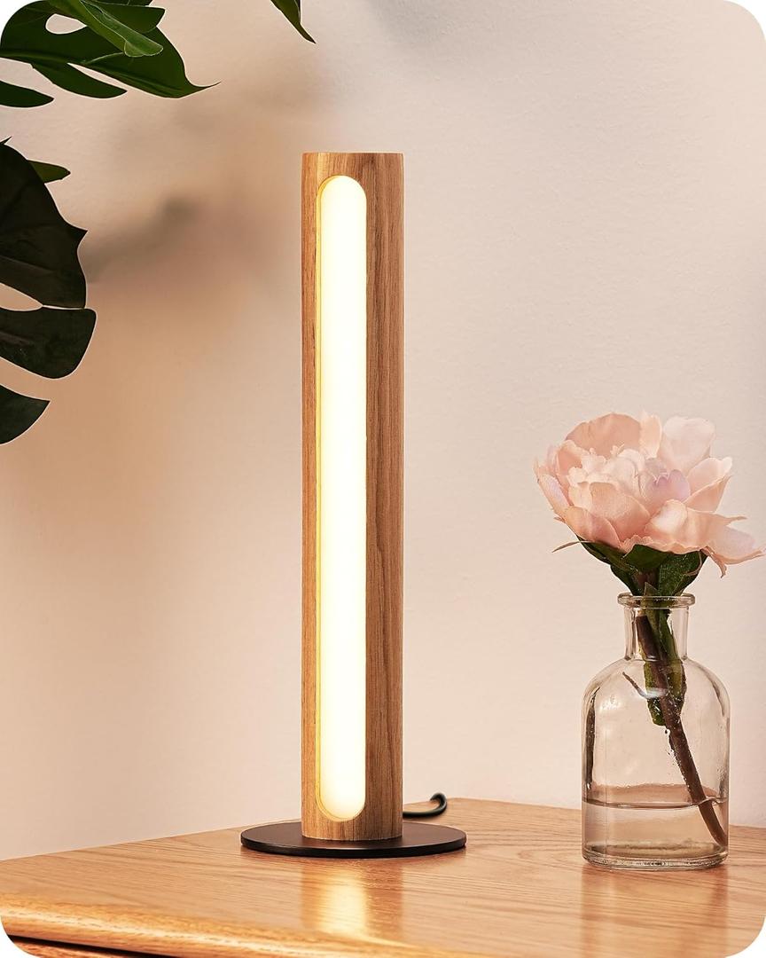 EDISHINE LED Table Lamp, Small Wood Bedside Lamp with Stepless Dimmable & Memory Function, 3 Color Temperature, One-Step Installation, Touch Switch, Modern Nightstand Lamp for Living Room, Bedroom
