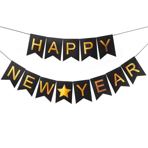 Happy New Years Decorations Banner 2026, Black Gold Nye New Years Eve Party Supplies for NYE Decorations Photo Props for Home Wall Fireplace Mantel Fireplace
