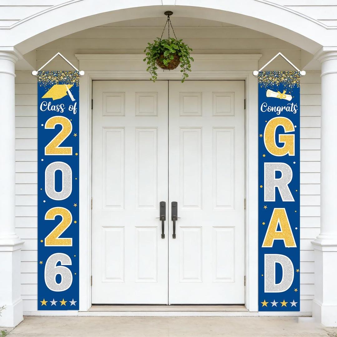 6 x 2026 Graduation Decorations Blue Congrats Grad Porch Banner Graduation Door Banner Class of 2026 GRAD Graduation Banner Sign for 2026 Graduation Party Decorations