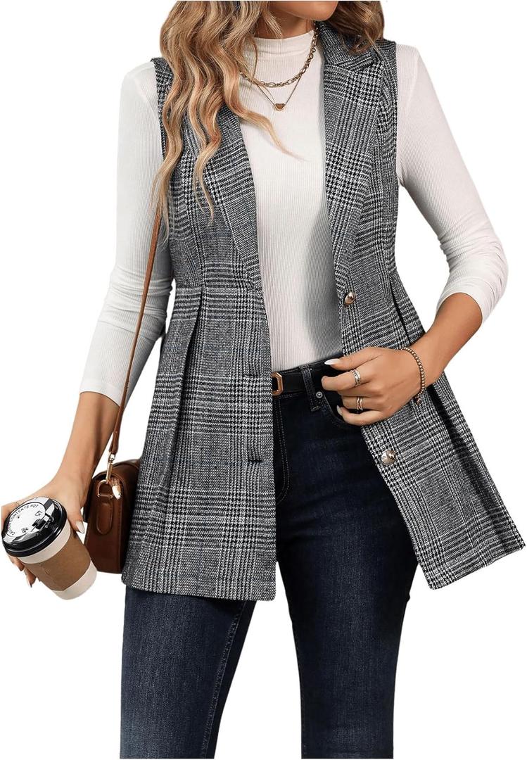 GORGLITTER Women's Plaid Sleeveless Long Vest Cardigan Business Casual Work Fall Blazers Outfits For Women 2024 (Medium)