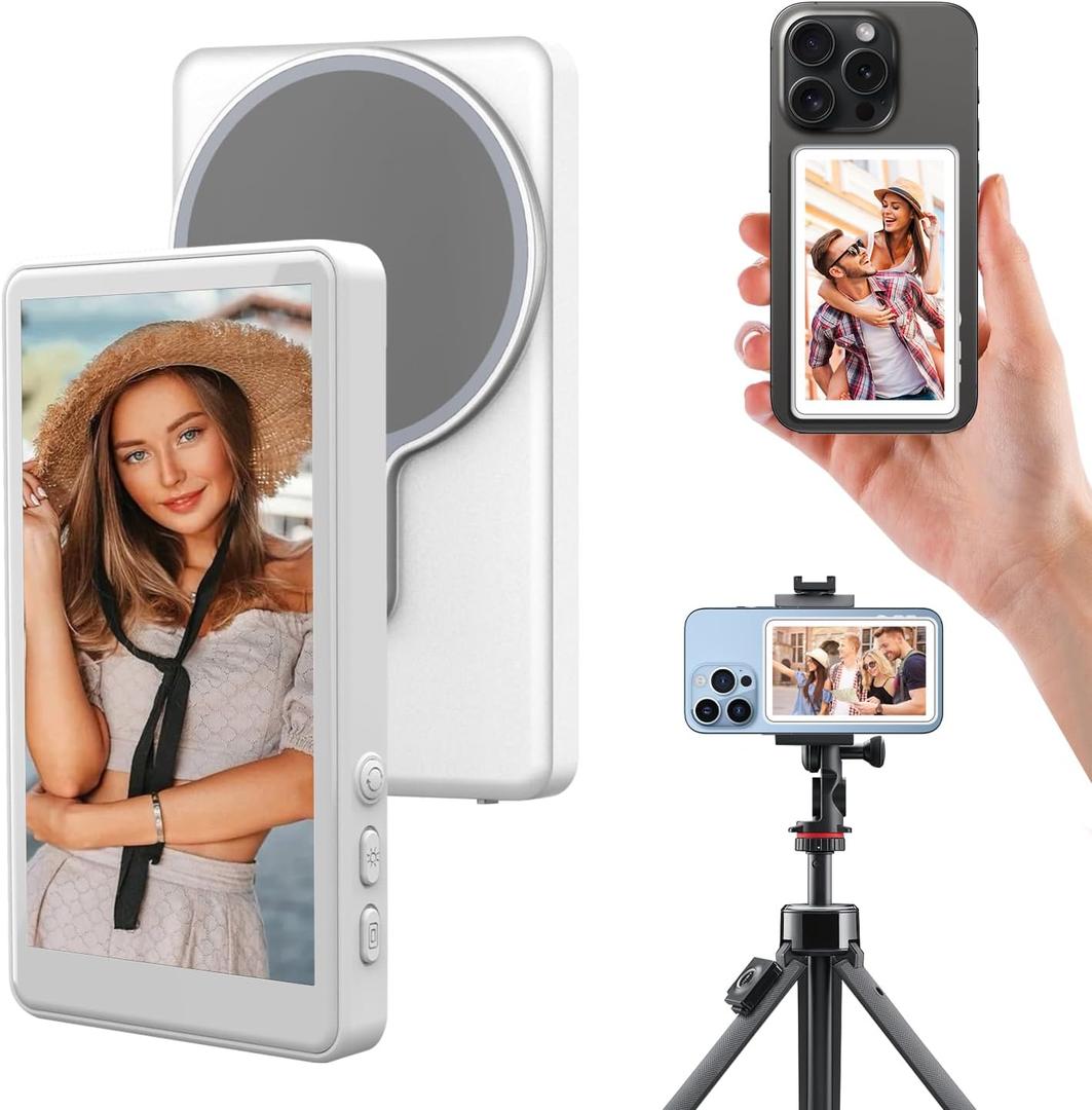 Vlog Selfie Monitor Screen iPhone, 4K 60fps Recording, Wireless Screen Mirroring with Remote Control, Magnetic Fixation, 180 Rotation, 3 Levels of Brightness, Compatible with iPhone & Android (White)