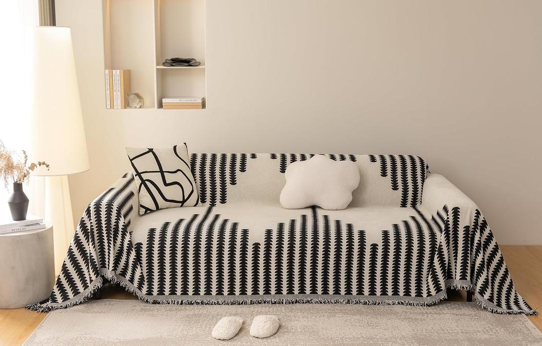 SmoBe Sofa Covers Washable, Chenille Sofa Covers for 3 Cushion Couch, Reversible Non Slip Futon Cover L Shape Sofa Cover, Pet Couch Cover with Tassel, Sofa Slipcovers 71" X 134" - Black