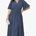 Women's Plus Size Dress for Women Wedding Guest Cocktail Smocked Ruffle Short Sleeve V Neck Flowy Maxi Dresses, 1XL