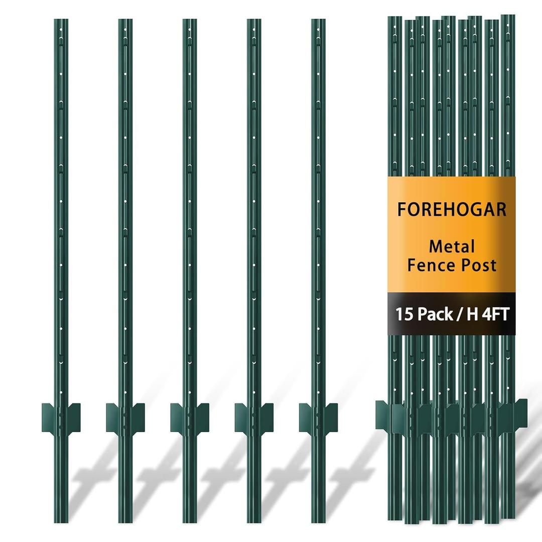 FOREHOGAR Metal Fence Post 4 Feet Green, Pack of 15, T Posts for Wire Fence, No Dig Steel U Post Fencing for Lawn Garden Wire Mesh Fence Poles Sign Outdoor Light Duty