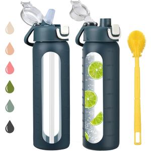 chunmo 24 oz Glass Water Bottles with 2 Lids-Handle Spout Lid & Straw Lid, Motivational Water Bottle with Time Marker and Silicone Sleeve,Leakproof-Dark Blue-1 Pack