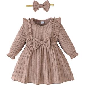 Mioglrie Baby Toddler Girls Dress Toddler Girls Long Ruffle Sleeve Dresses 12-18 Months Dresses Baby Girl Clothes Fall Winter Outfits Apricot Dress