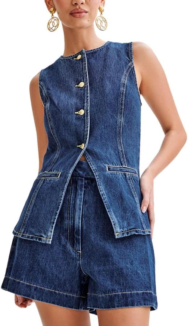 ELFTOWN Women's Denim 2 Piece Outfits Casual Button Down Sleeveless Top Trendy High Waist Jean Shorts (Large, Blue)