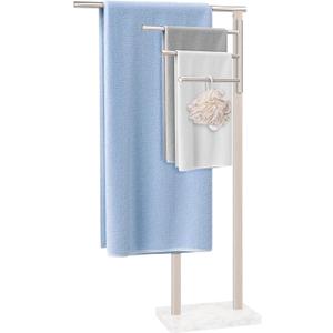 Standing Towel Rack, 304 Stainless Steel Towel Holder Stand with Weighted Marble Base, Floor Bath Towel Racks for Bathroom, Pool, Outdoor with 3 Swivel Towel Arms, Brushed Nickel