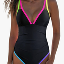 popvil Women's One Piece 2025 Tummy Control Swimsuits Neon Color Block Swimwear Deep V Neck Slimming Bathing Suit, Size L