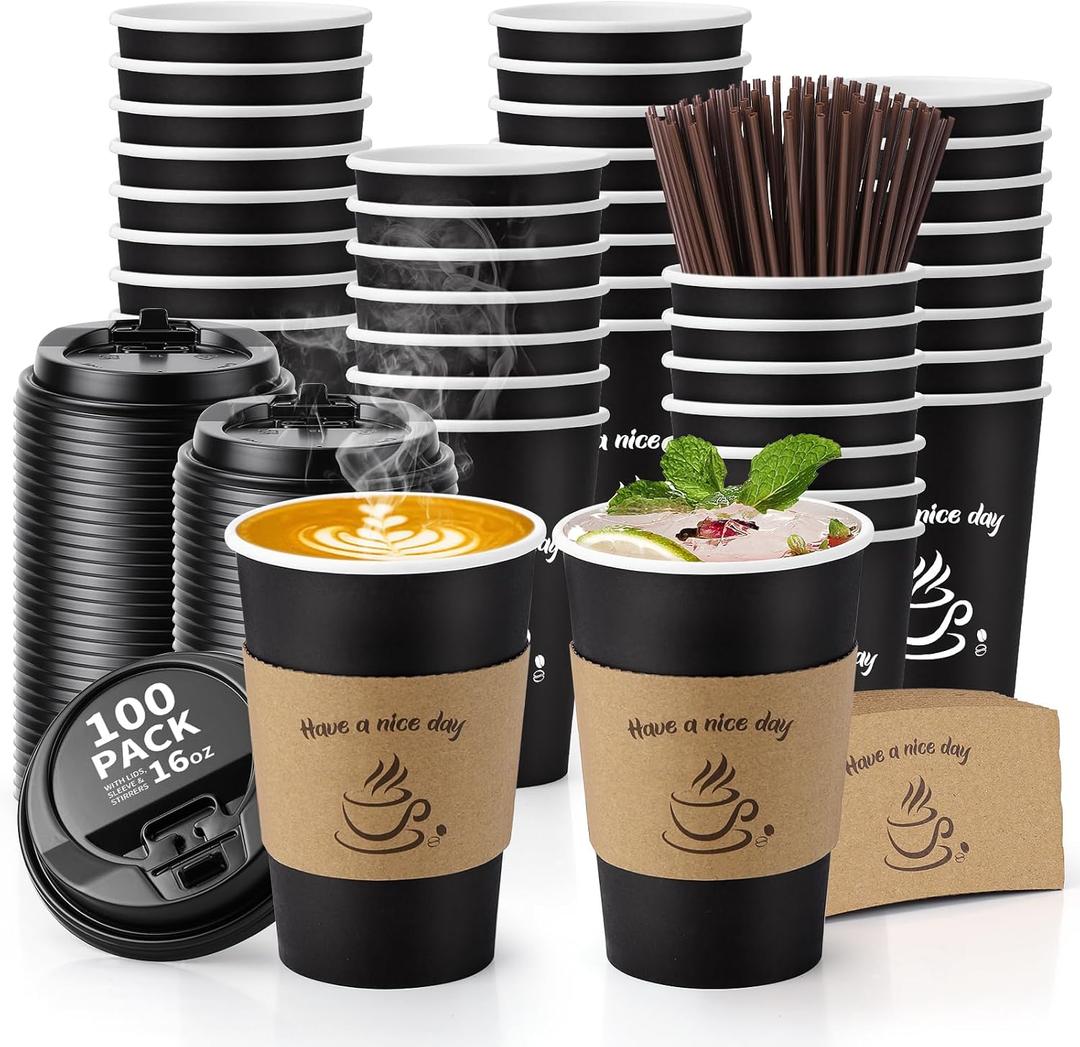 AIRE 100 Pack Coffee Cups with Lids 16 OZ Disposable Coffee Cup for Hot and Cold Drinks, To Go Coffee Cups with Lids, Sleeves, Stir Straws, Black Paper Cup Set for Home, Travel, Office