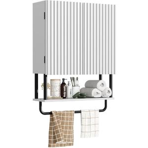 RUSTOWN Fluted Bathroom Wall Cabinet with 2 Doors, 3-Tier Modern Farmhouse Medicine Cabinet, Over The Toilet Storage Cabinet with Adjustable Shelf and Towel Bar (White, Medium)