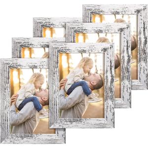 Rustic Picture Frames 5x7 Set of 6, Distressed White Composite Wood Farmhouse Photo Collage Frame For Wall Decor Mounting or Table Display