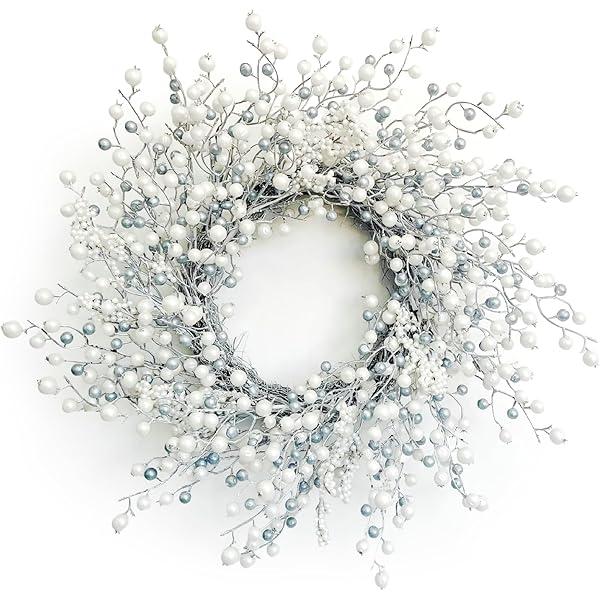 Birch Wreath with White Berries, Iced Pine Cones, Holly Leaf, Branch - 26" Winter Christmas Wreath for Front Door or Indoor Wall Window Thanksgiving Decor